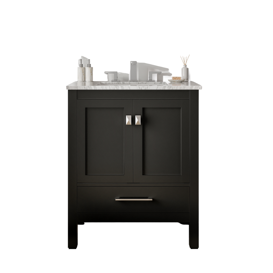 Eviva Aberdeen 24" Transitional Single Bathroom Vanity with White Carrara Marble Countertop and Undermount Porcelain Sink