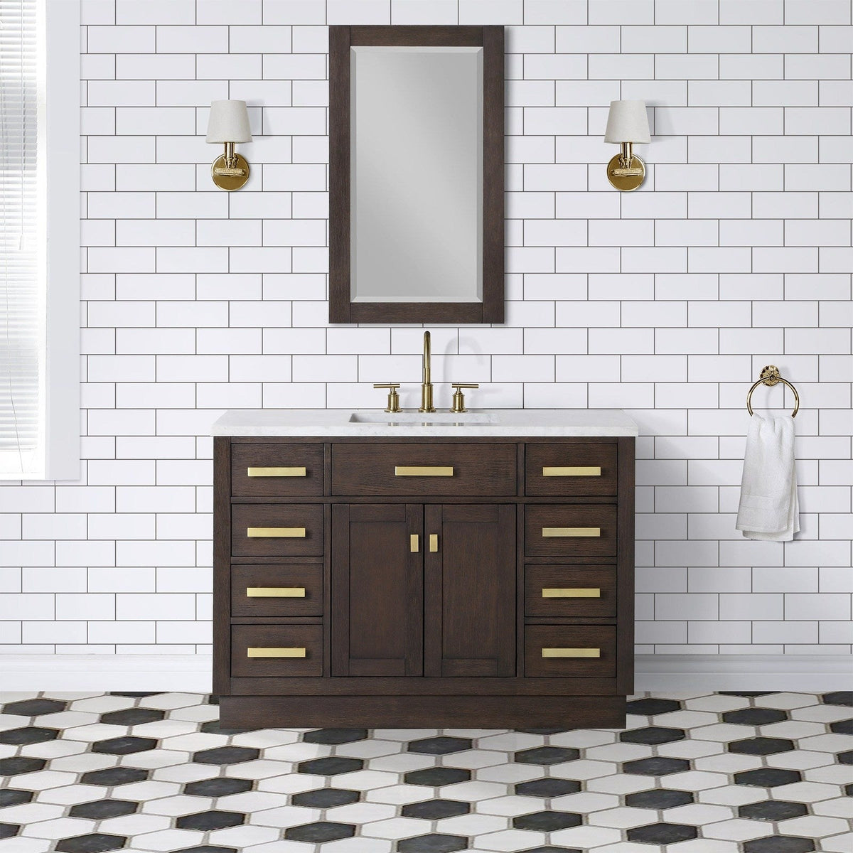 Water Creation Chestnut 48" Single Sink Carrara White Marble Countertop Vanity In Brown Oak with Gooseneck Faucet