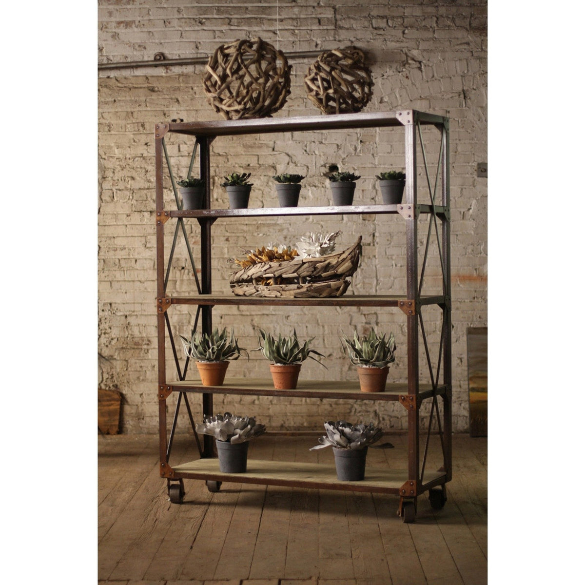 Kalalou Large Iron Wood Display With Five Shelves And Iron Caster