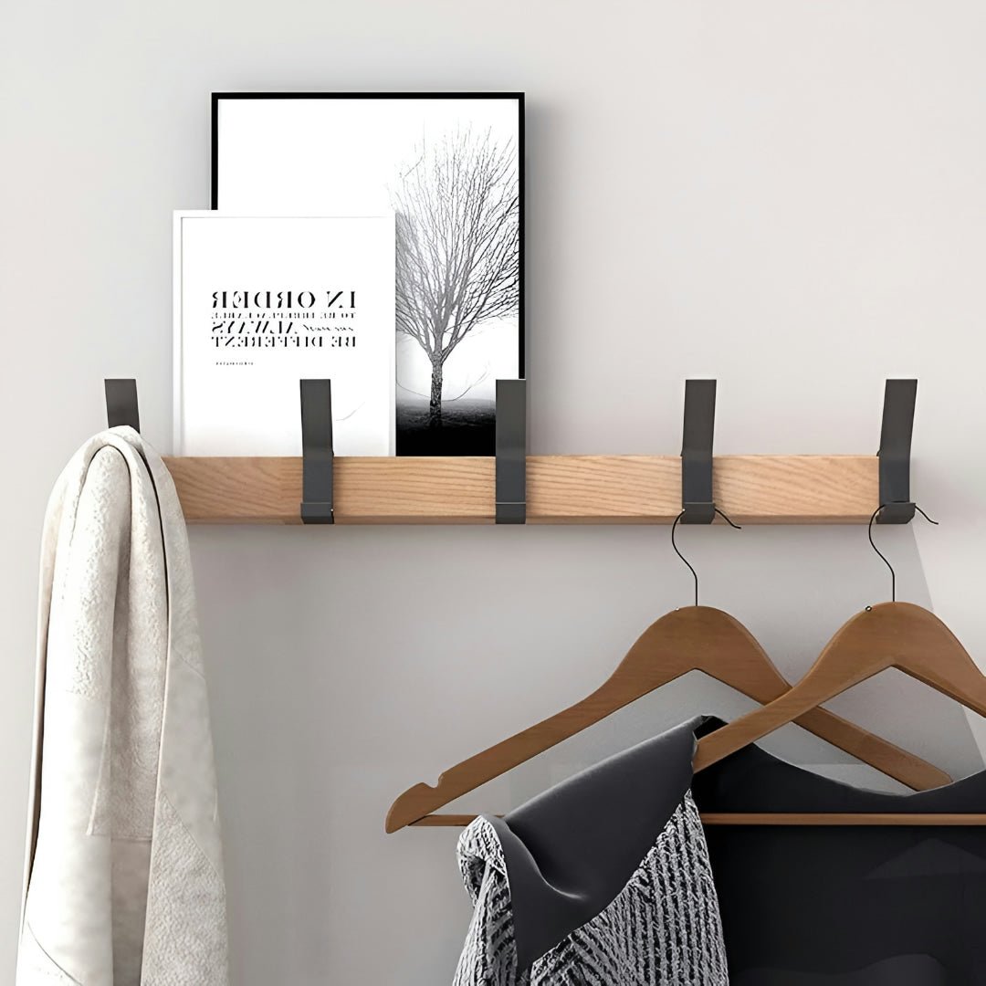 Wall-Mounted Wooden Coat Rack with 5 Sliding Double Hooks