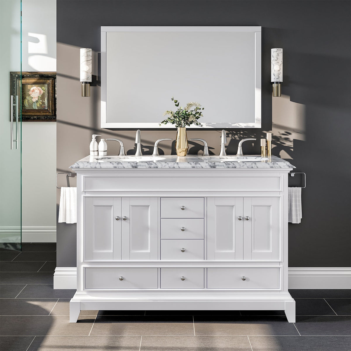 Eviva Elite Stamford 48" Bathroom Vanity in White Finish with Double OG Edge White Carrara Countertop and Undermount Porcelain Sink