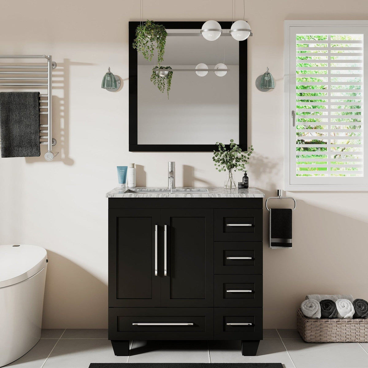Eviva Loon 30" Transitional Bathroom Vanity with White Carrara Marble Countertop and Long Handles