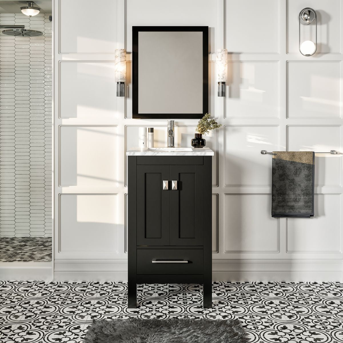 Eviva London 20" x 18" Transitional Bathroom Vanity with White Carrara Marble Countertop and Undermount Porcelain Sink