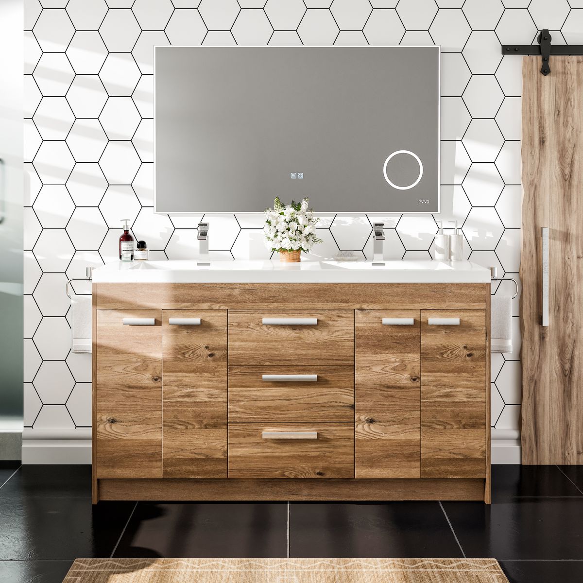 Eviva Lugano 60" Modern Double Sink Bathroom Vanity in Natural Oak Finish with White Integrated Acrylic Top