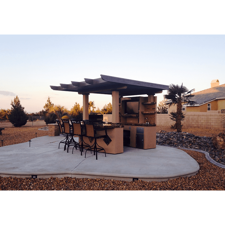 Kokomo Outdoor Kitchen T.V. Media Wall with Pergola and Outdoor Bar Seating BBQ Island