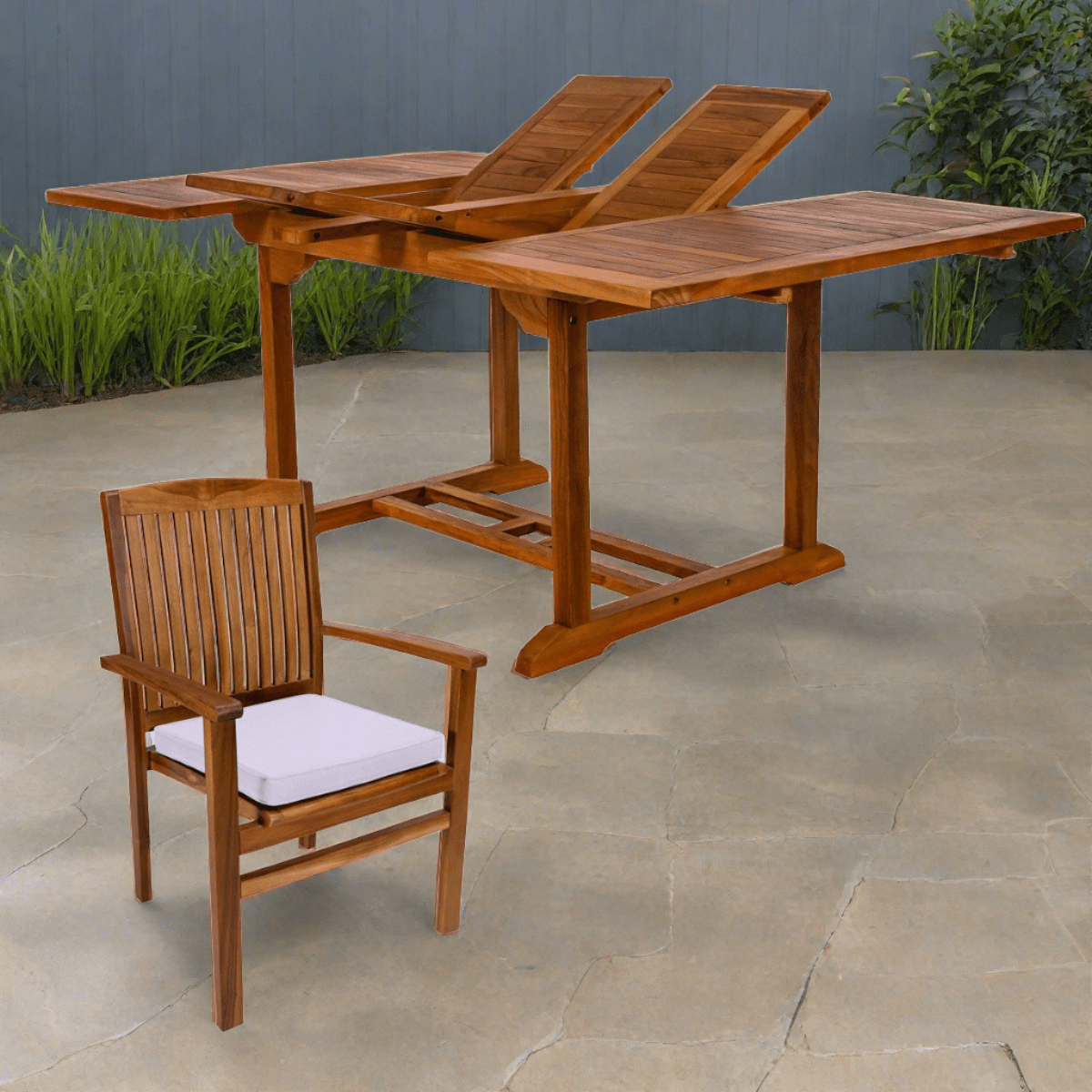 All Things Cedar 5-Piece Butterfly Extension Table Stacking Chair Set with Royal White Cushions TD72-24-RW