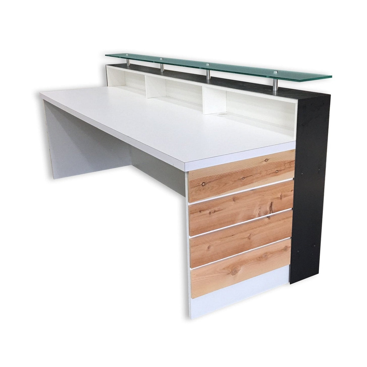 Reception Counter Solutions White Memphis Reception Desk With Glass Riser and Cedar Slats