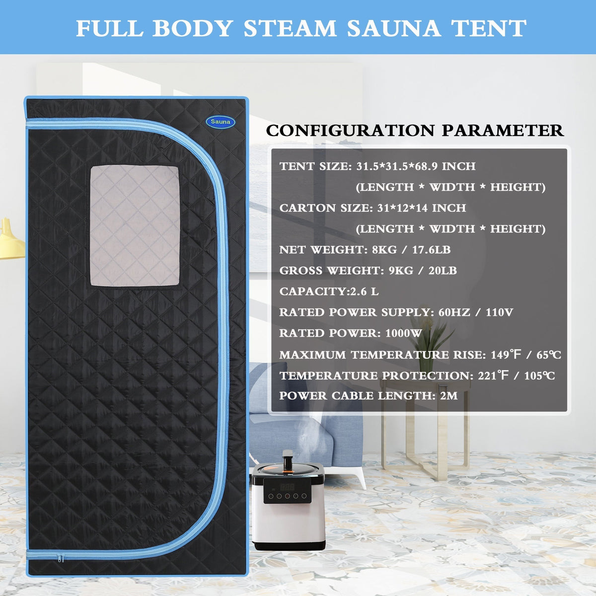 Full Size Portable Steam Sauna Tent, Stainless Steel Frame, 2.6L 1000W Steamer, Remote & Chair - Black