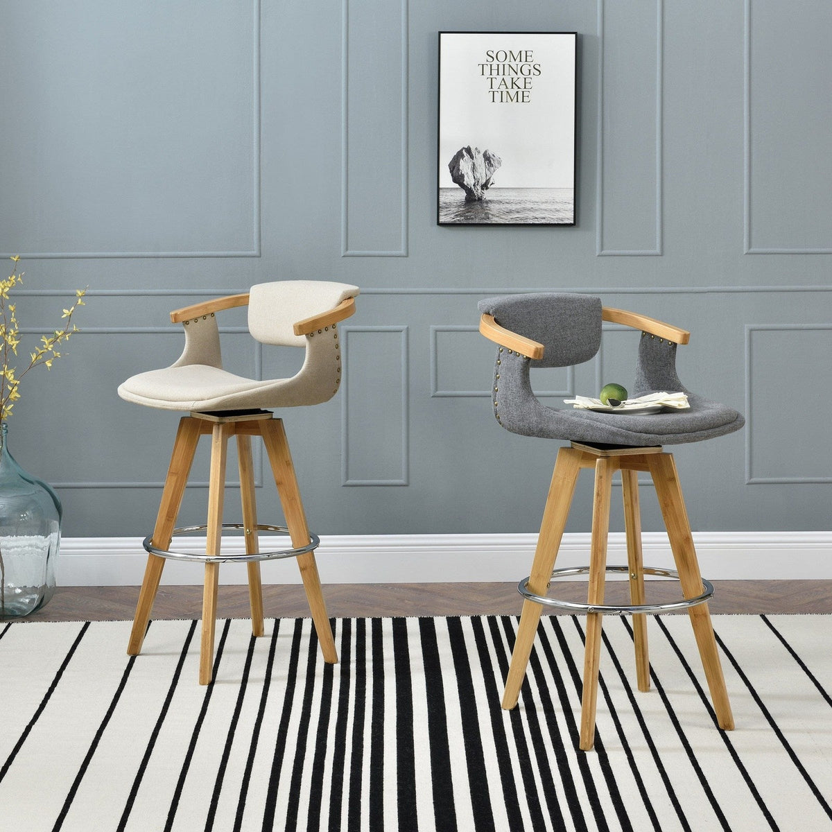 New Pacific Direct Darwin Fabric Swivel Bamboo Bar Stool 1160002-287N
