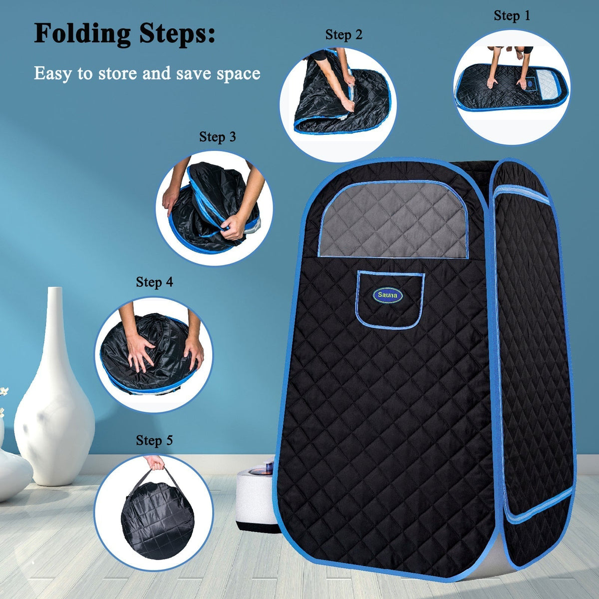 Portable Folding Steam Sauna with 1000W 2.2L Steamer, Remote & Chair - Black