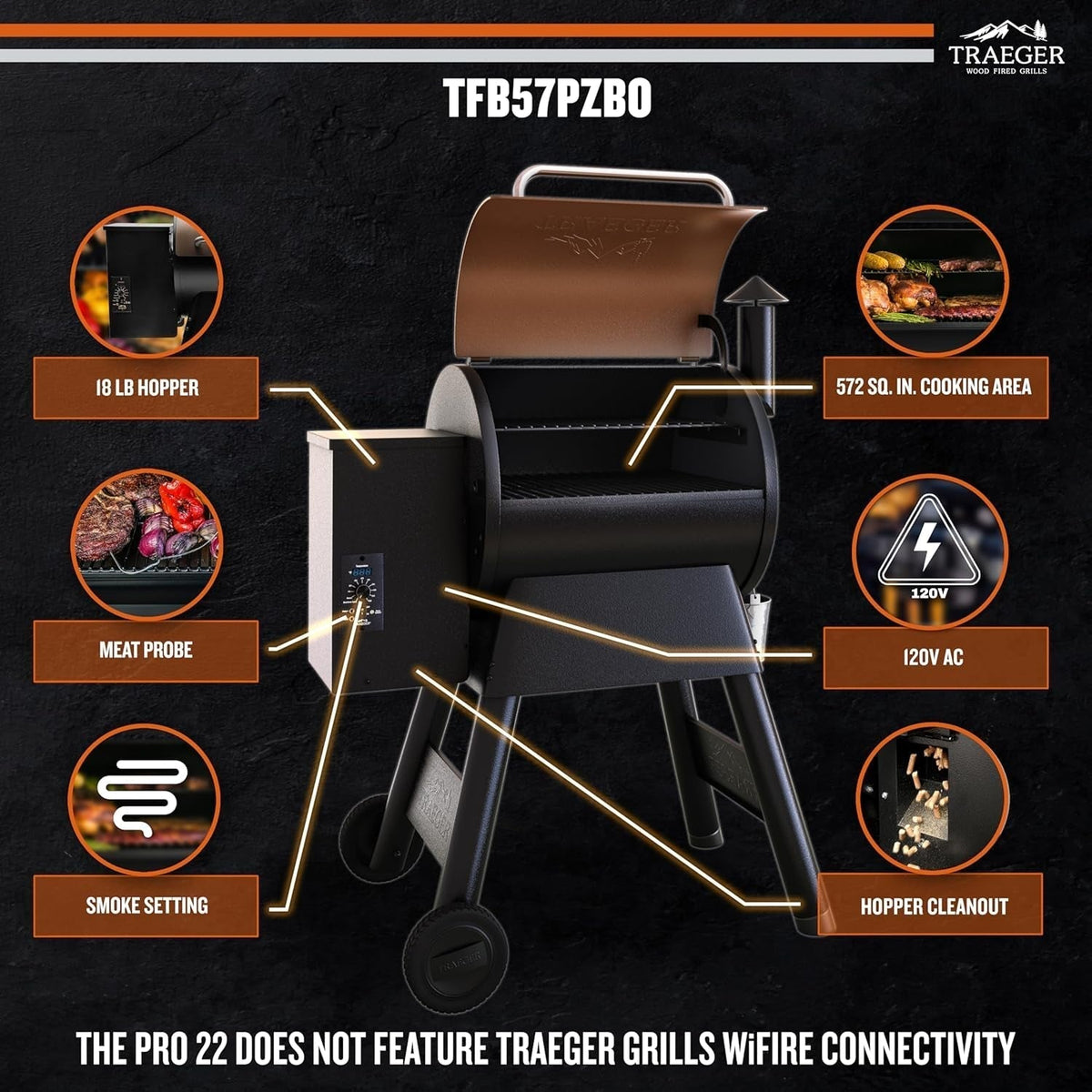 Traeger Pro 22 Wood Pellet Grill & Smoker - 6-in-1 BBQ with 572 Sq In Cooking Area & Digital Pro Controller - TFB57PZBO