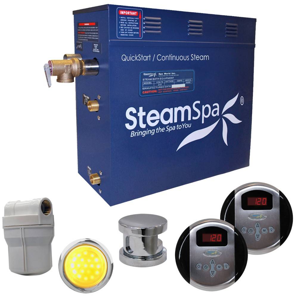 SteamSpa Royal 9 KW QuickStart Acu-Steam Bath Generator Package in Brushed Nickel RY900BN