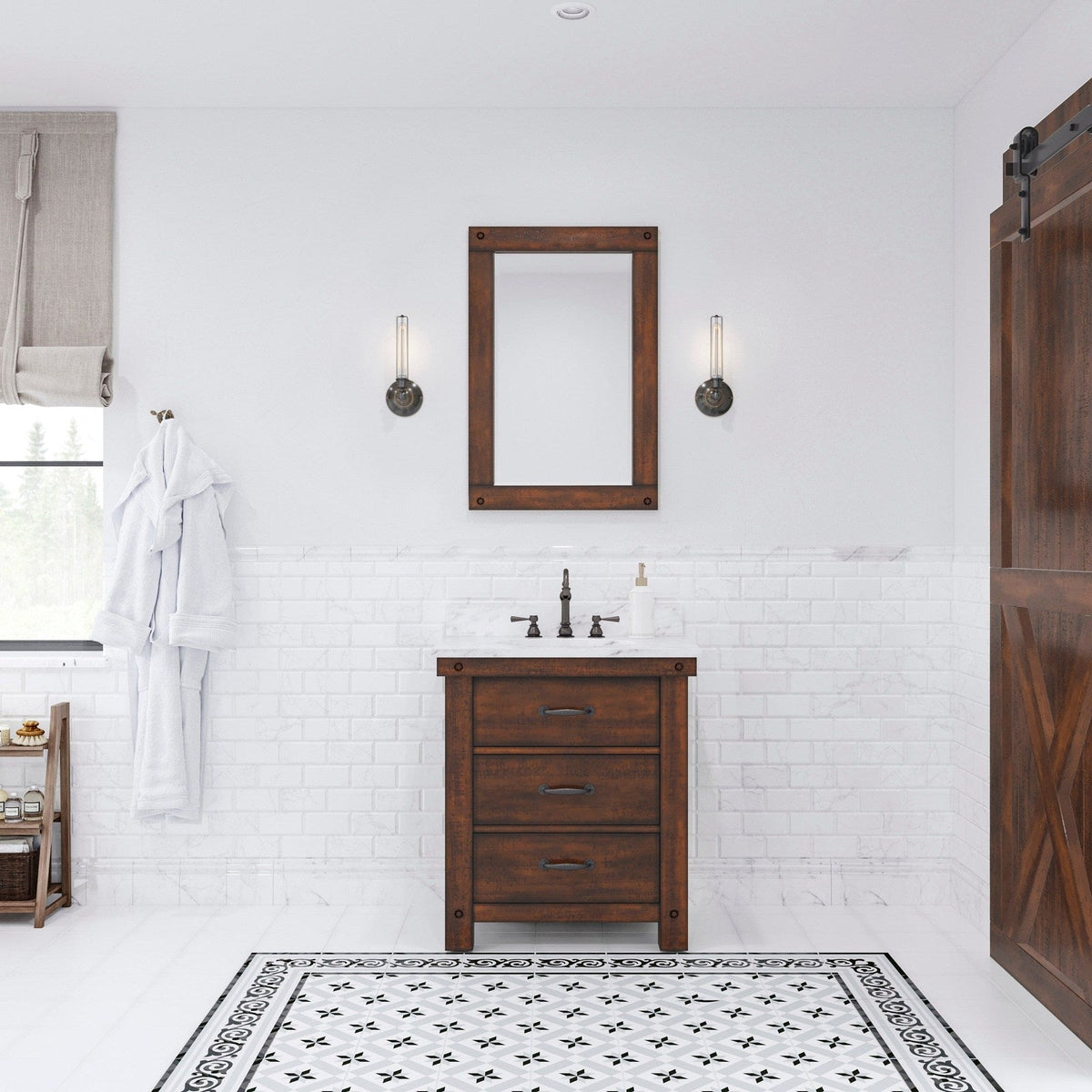 Water Creation Aberdeen 30" Single Sink Carrara White Marble Countertop Vanity in Rustic Sienna with Mirror