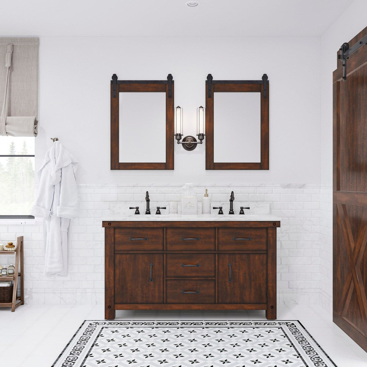 Water Creation Aberdeen 60" Double Sink Carrara White Marble Countertop Vanity in Rustic Sierra with Hook Faucets and Mirrors