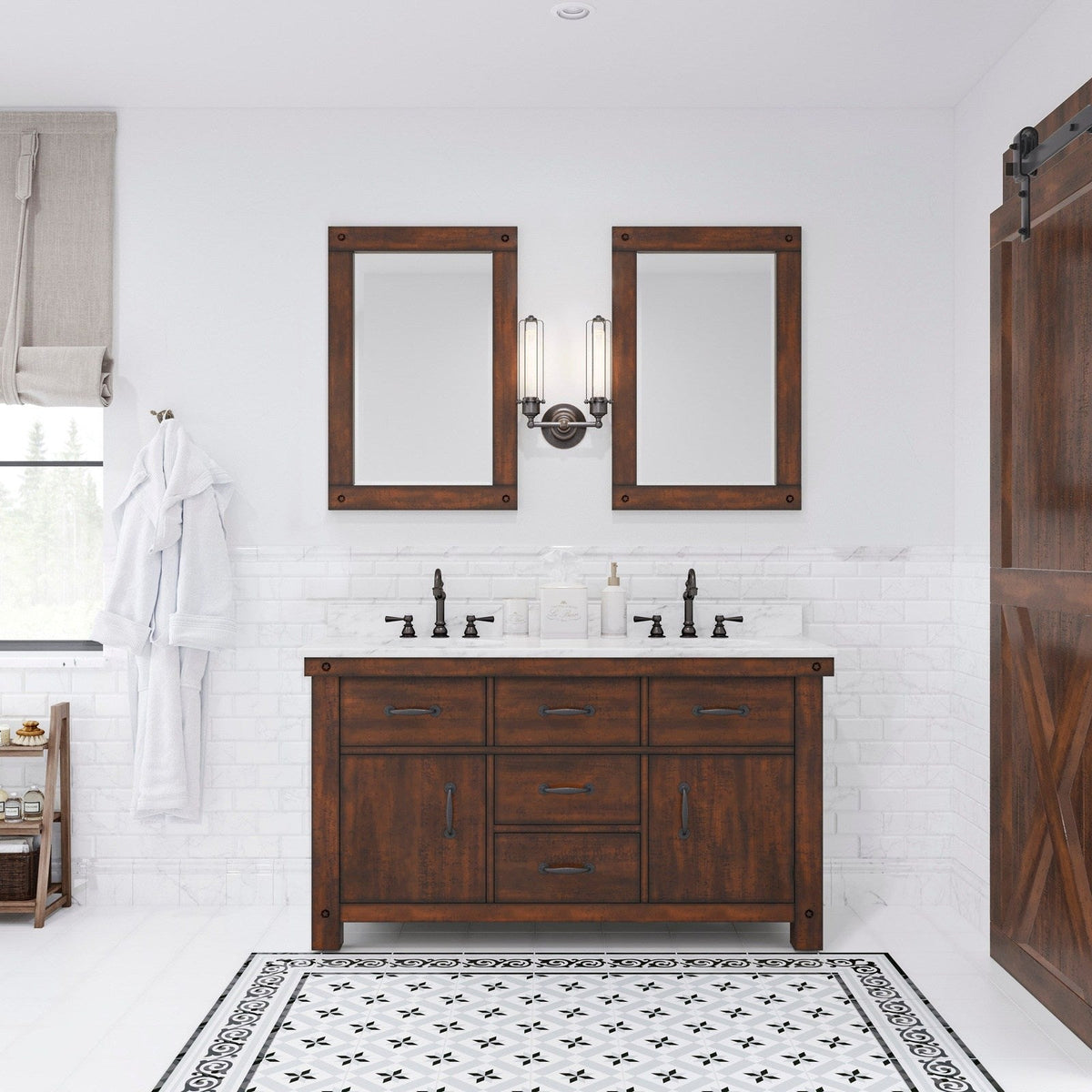 Water Creation Aberdeen 60" Double Sink Carrara White Marble Countertop Vanity in Rustic Sierra