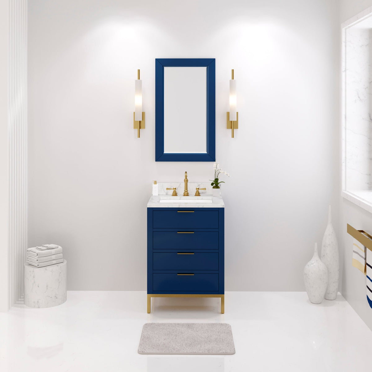 Water Creation Bristol 24" Single Sink Carrara White Marble Countertop Bath Vanity in Monarch Blue