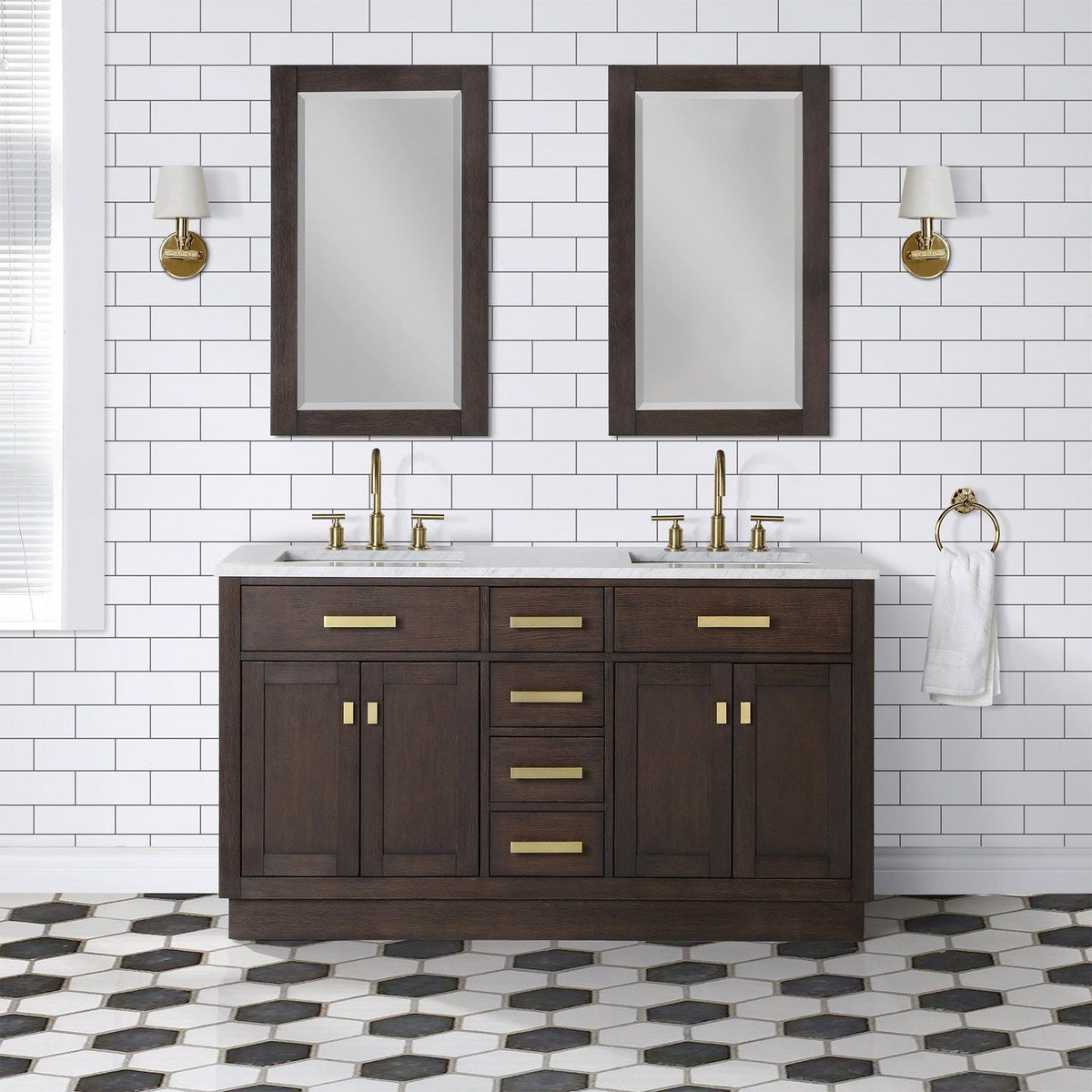 Water Creation Chestnut 60" Double Sink Carrara White Marble Countertop Vanity In Brown Oak with Gooseneck Faucets