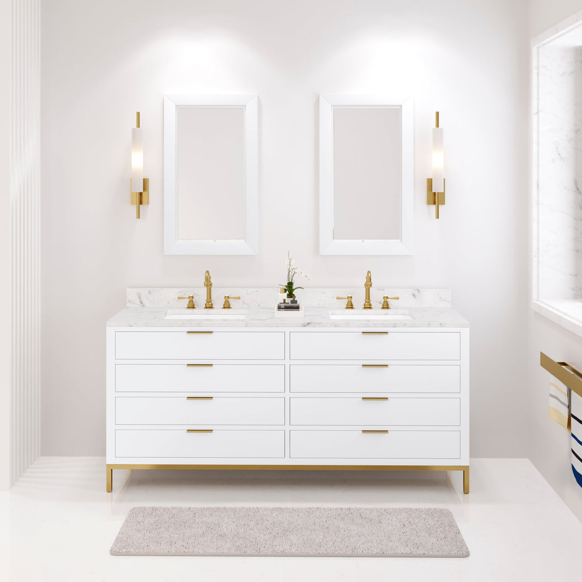 Water Creation Bristol 72" Double Sink Carrara White Marble Countertop Bath Vanity in Pure White with Mirrors(S)