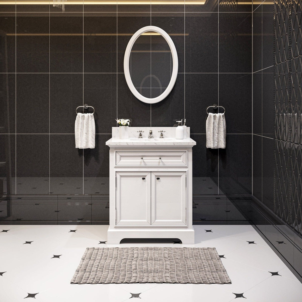 Water Creation Derby 30" Pure White Single Sink Bathroom Vanity With Matching Framed Mirror And Faucet From The Derby Collection
