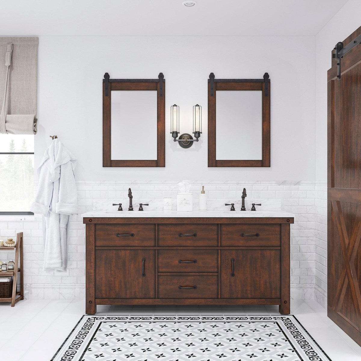 Water Creation Aberdeen 72" Double Sink Carrara White Marble Countertop Vanity in Rustic Sierra with Hook Faucets and Mirrors