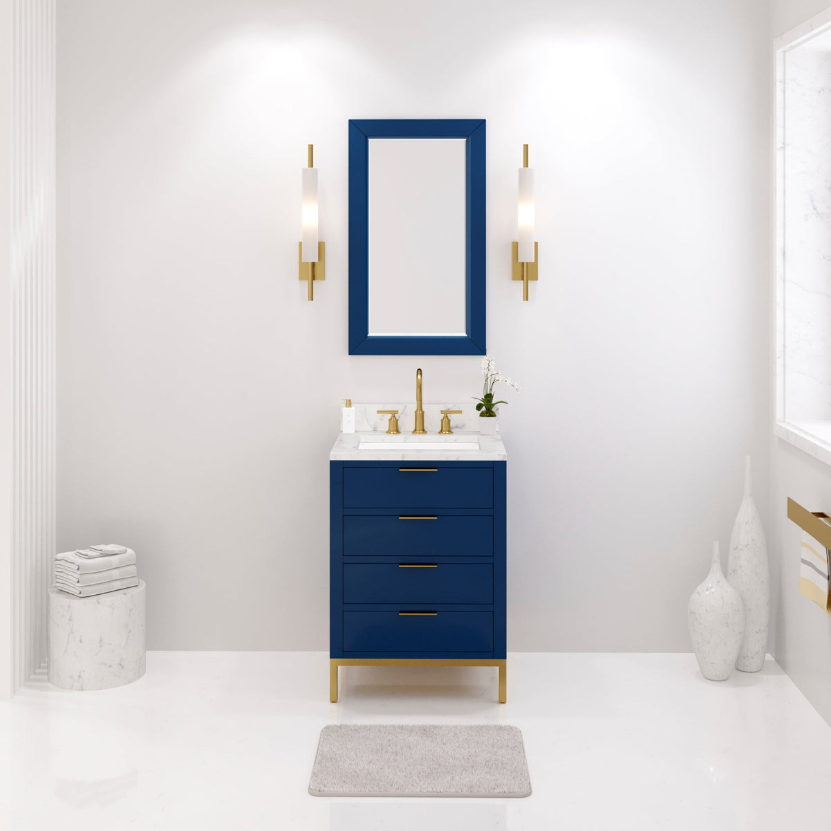 Water Creation Bristol 24" Single Sink Carrara White Marble Countertop Bath Vanity in Monarch Blue with Satin Gold Gooseneck Faucet