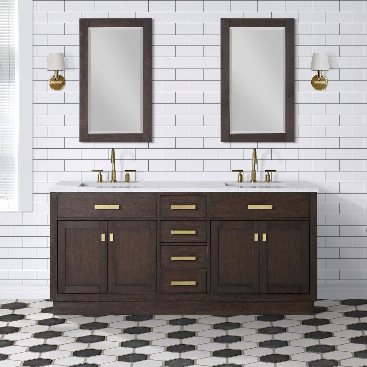 Water Creation Chestnut 72" Double Sink Carrara White Marble Countertop Vanity In Brown Oak with Gooseneck Faucets