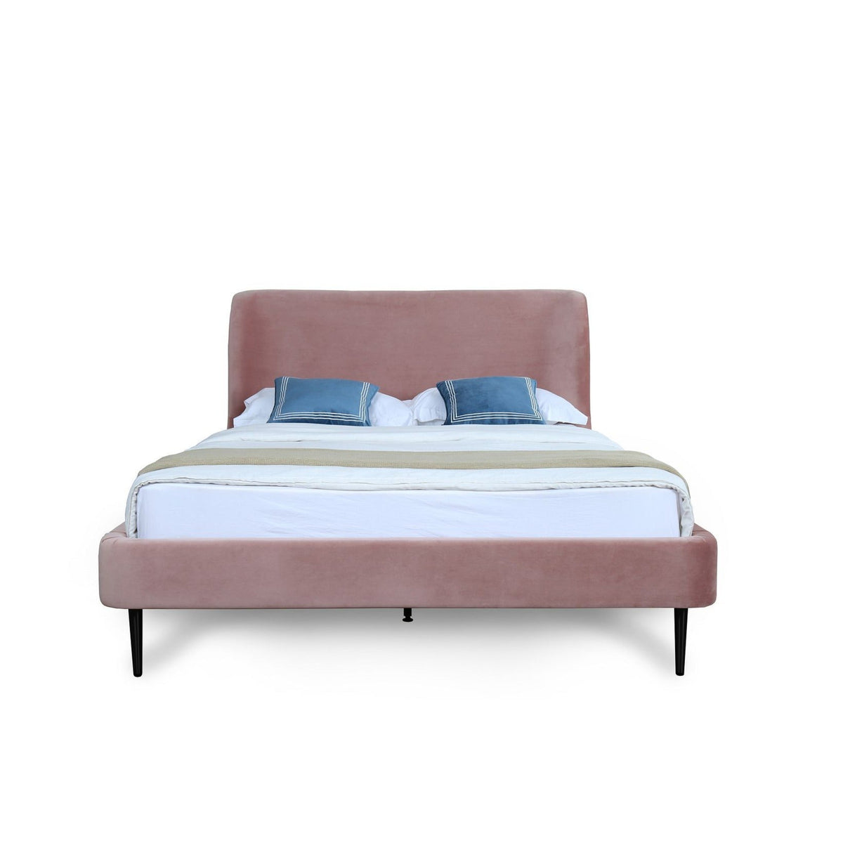 Manhattan Comfort Heather Queen Bed in Velvet Blush and Black Legs