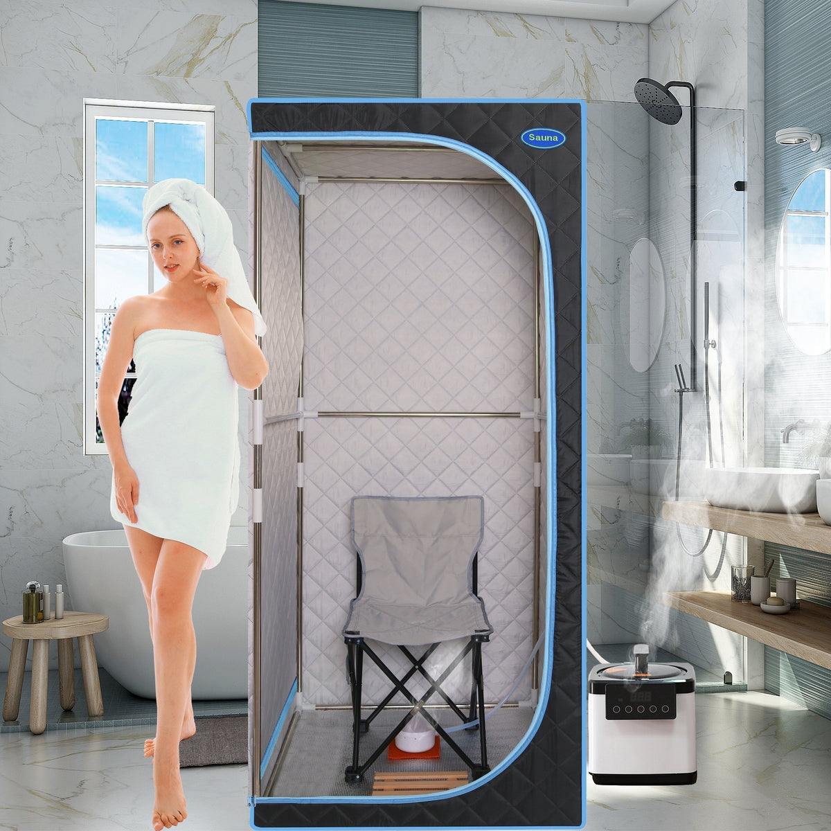 Full Size Portable Steam Sauna Tent, Stainless Steel Frame, 2.6L 1000W Steamer, Remote & Chair - Black