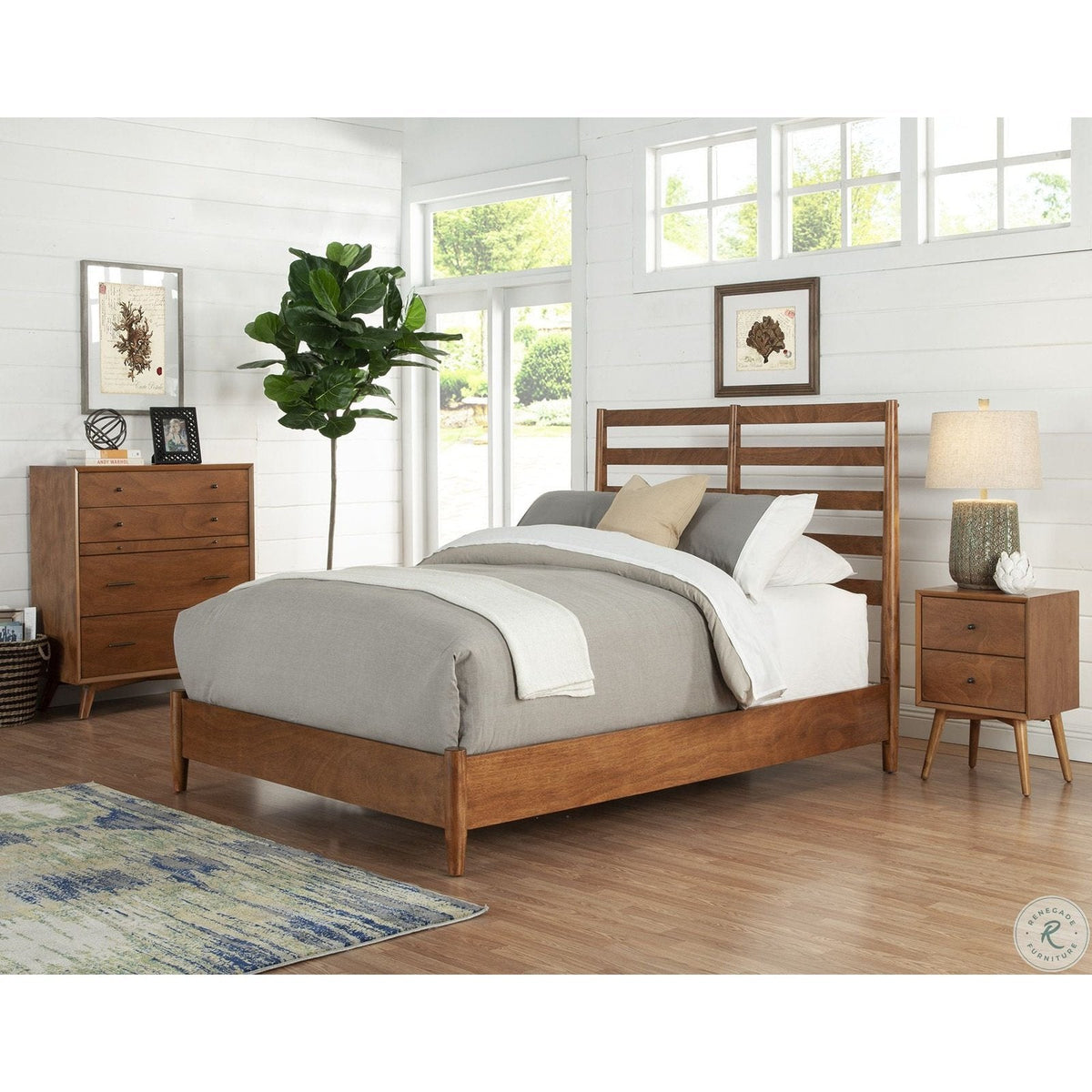 Alpine Furniture Flynn Retro Standard King Bed w/Slat Back Headboard, Acorn 1066-27EK
