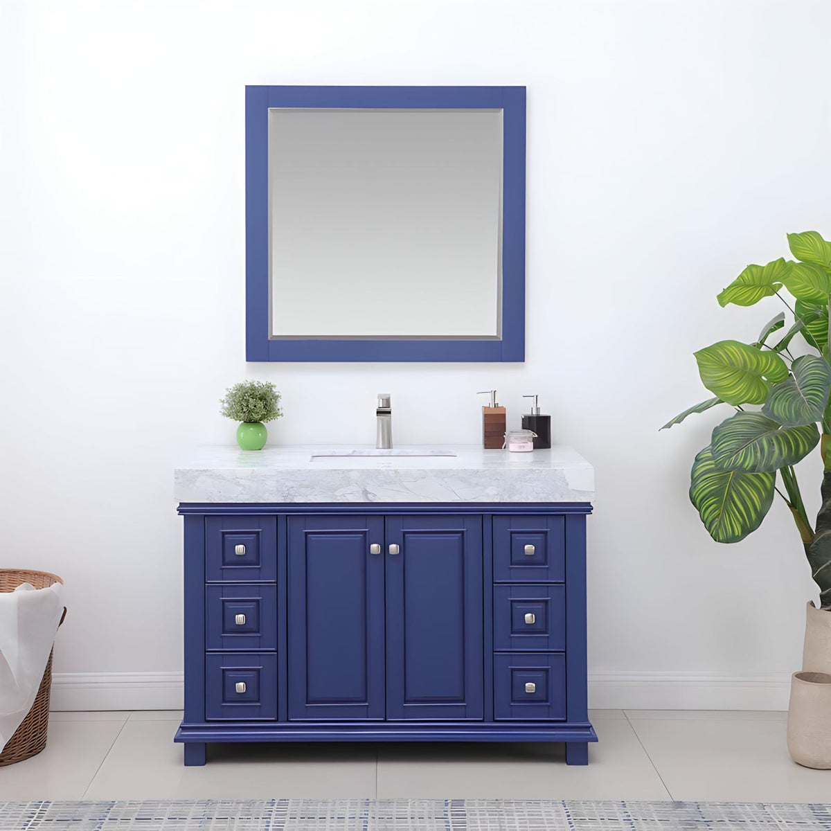 Altair Design Jardin 48" Single Bathroom Vanity Set in Jewelry Blue and Carrara White Marble Countertop