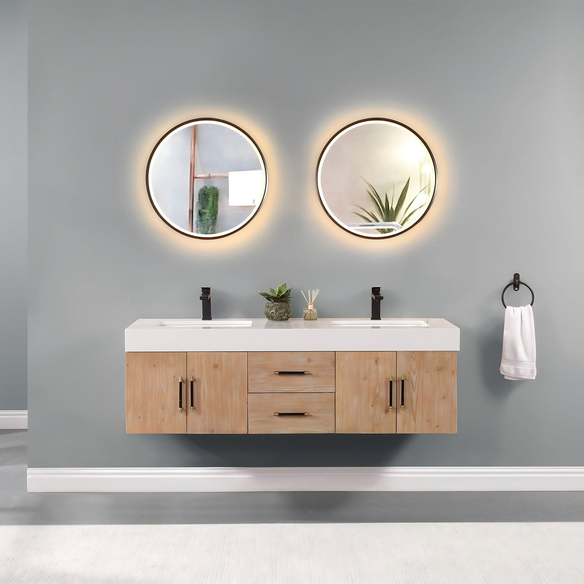 Altair Design Corchia 60" Wall-mounted Double Bathroom Vanity in Light Brown with White Composite Stone Countertop