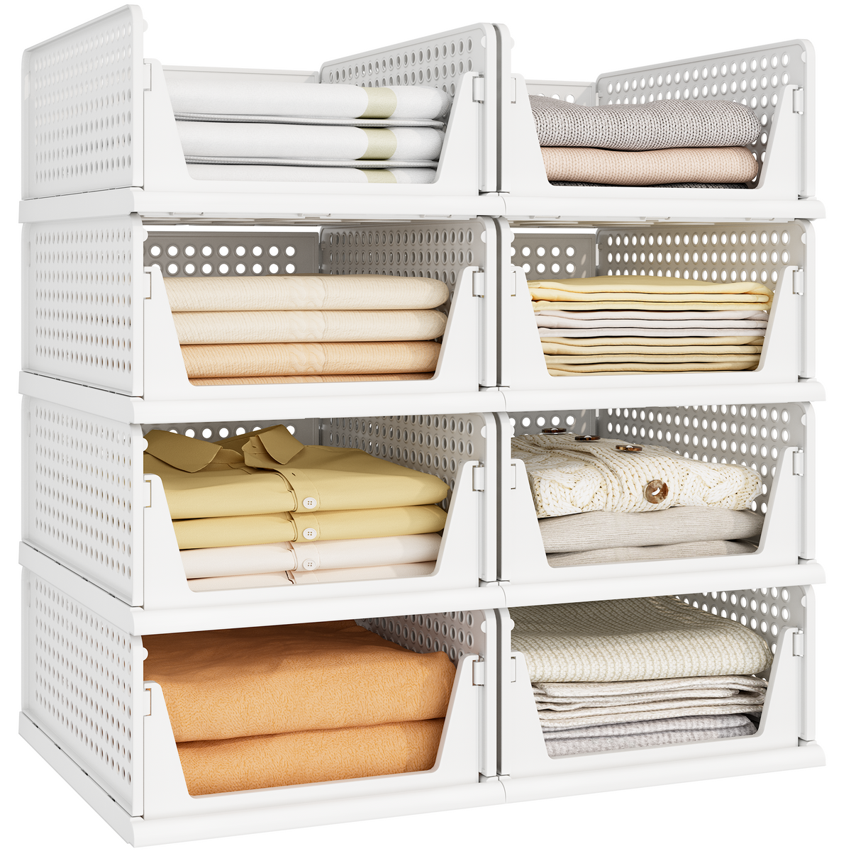 Foldable Stackable Storage Bins with Slide Rails – White