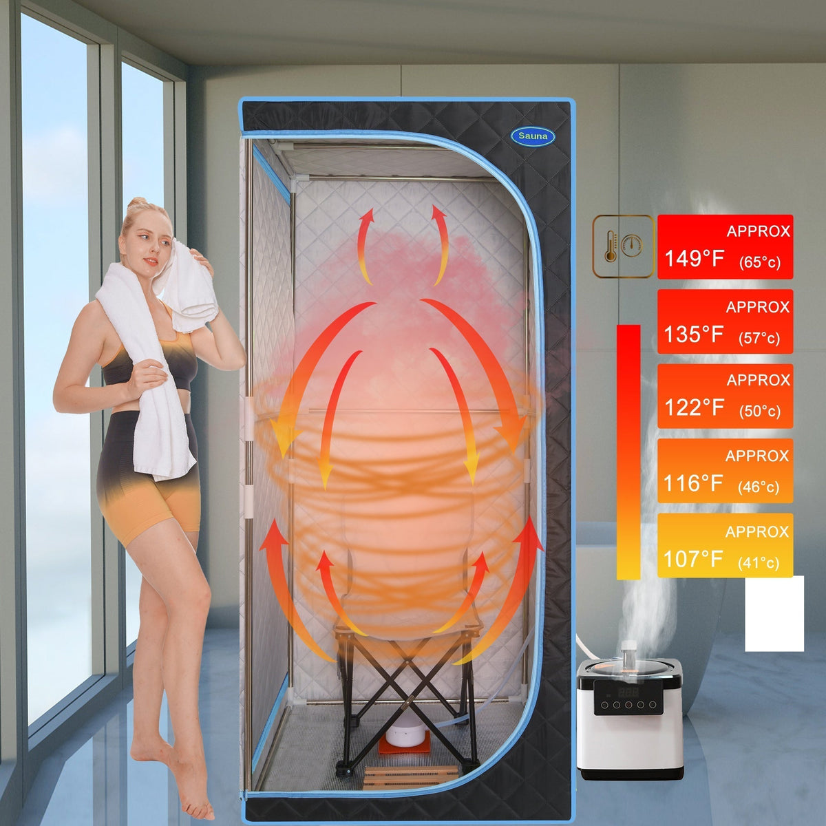 Full Size Portable Steam Sauna Tent, Stainless Steel Frame, 2.6L 1000W Steamer, Remote & Chair - Black