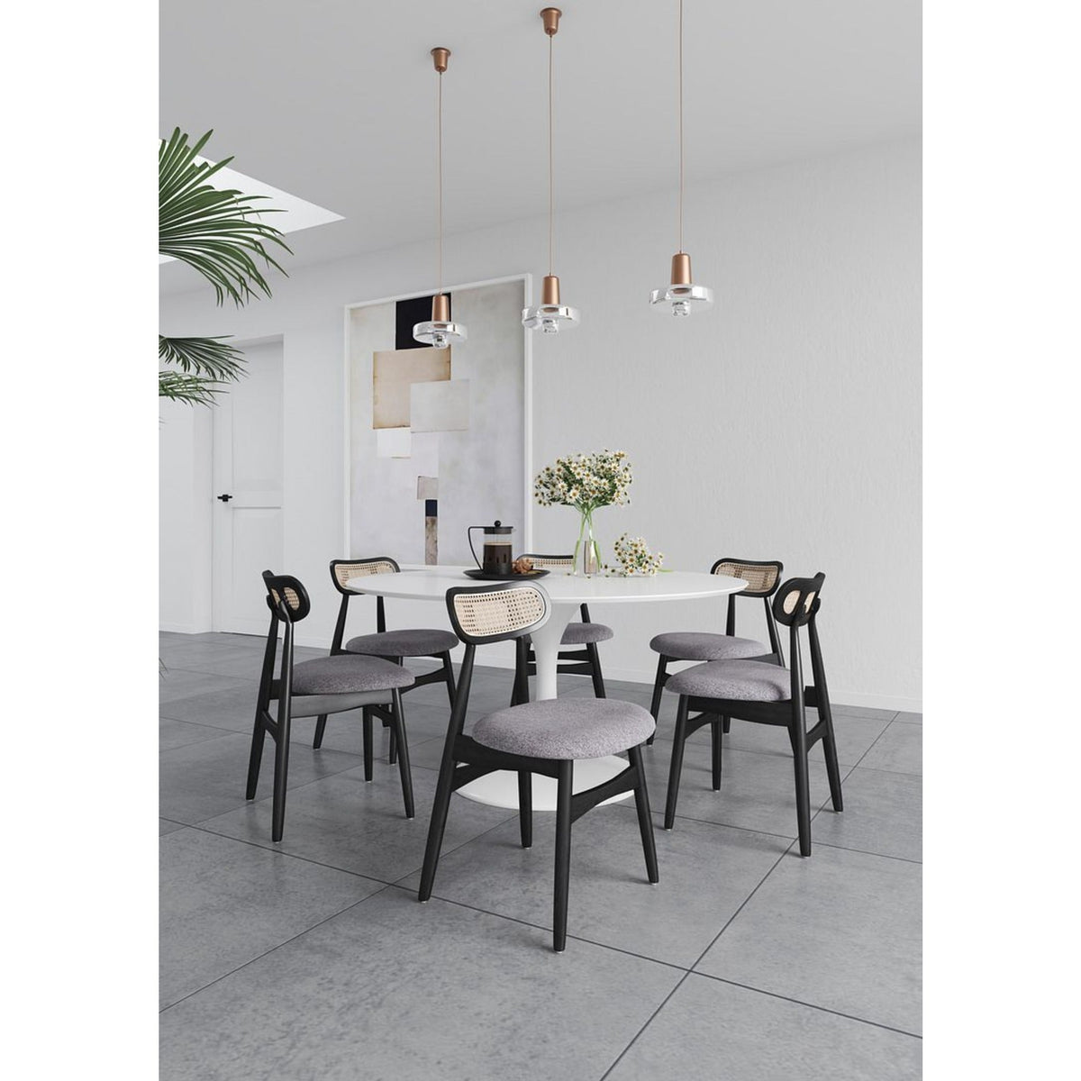 Manhattan Comfort Colbert Dining Chair in Black and Cane with Grey Upholstered Seating - Set of 4