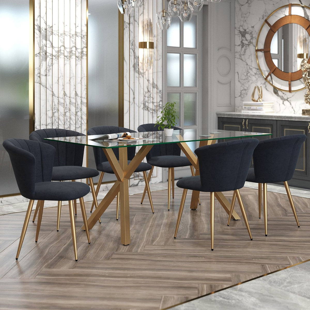 Worldwide Home Furnishings Stark Gl_Orchid Bkgl-7pc Dining Set 7pc Dining Set 207-535GL_651BKGL