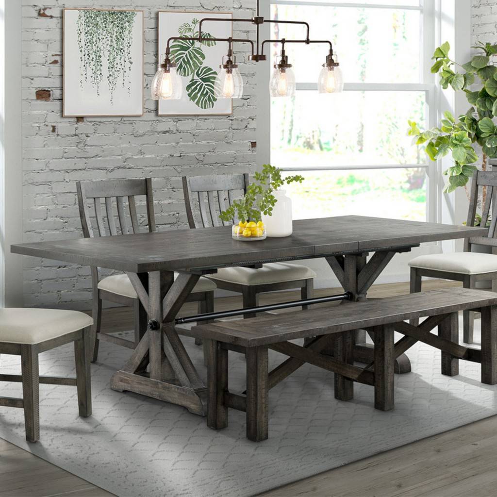 Sunset Trading Trestle 96" Rectangular Extension Pedestal Dining Table | Distressed Gray Wood ED-SK100