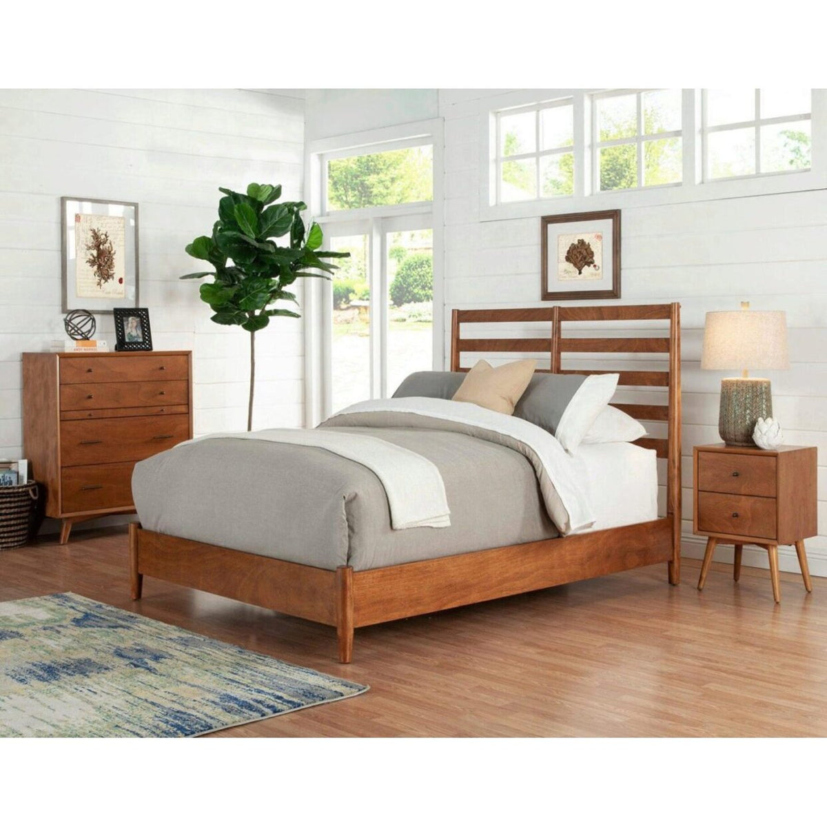 Alpine Furniture Flynn Retro Queen Bed, w/Slat Back Headboard, Acorn 1066-21Q