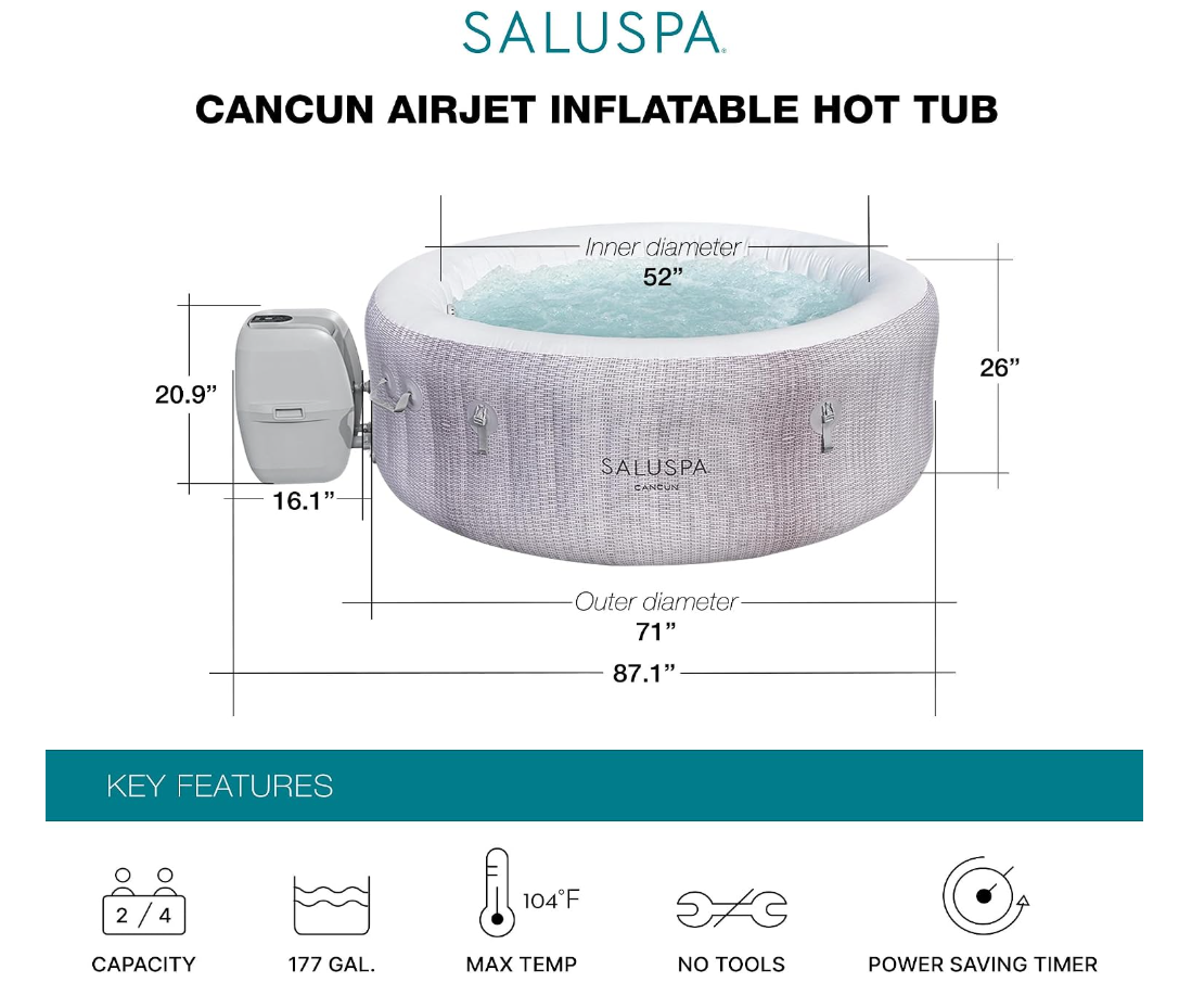 Bestway SaluSpa Cancun AirJet Inflatable Hot Tub, 2–4 Person, 71 × 26 in, Grey