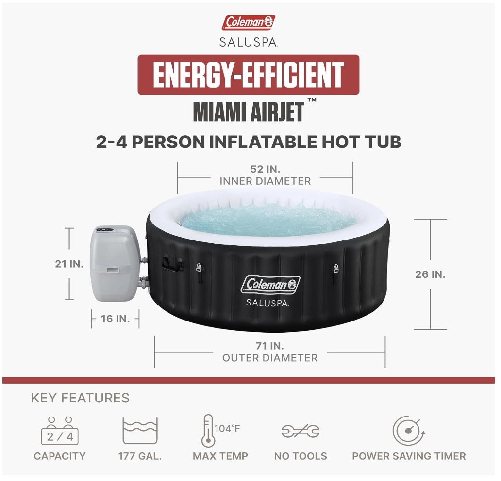 Coleman SaluSpa Miami Energy-Efficient AirJet Inflatable Hot Tub, 2–4 Person, Black