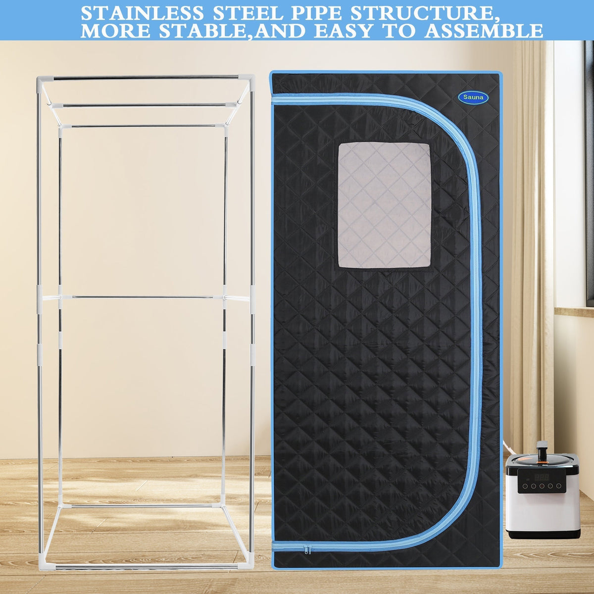 Full Size Portable Steam Sauna Tent, Stainless Steel Frame, 2.6L 1000W Steamer, Remote & Chair - Black
