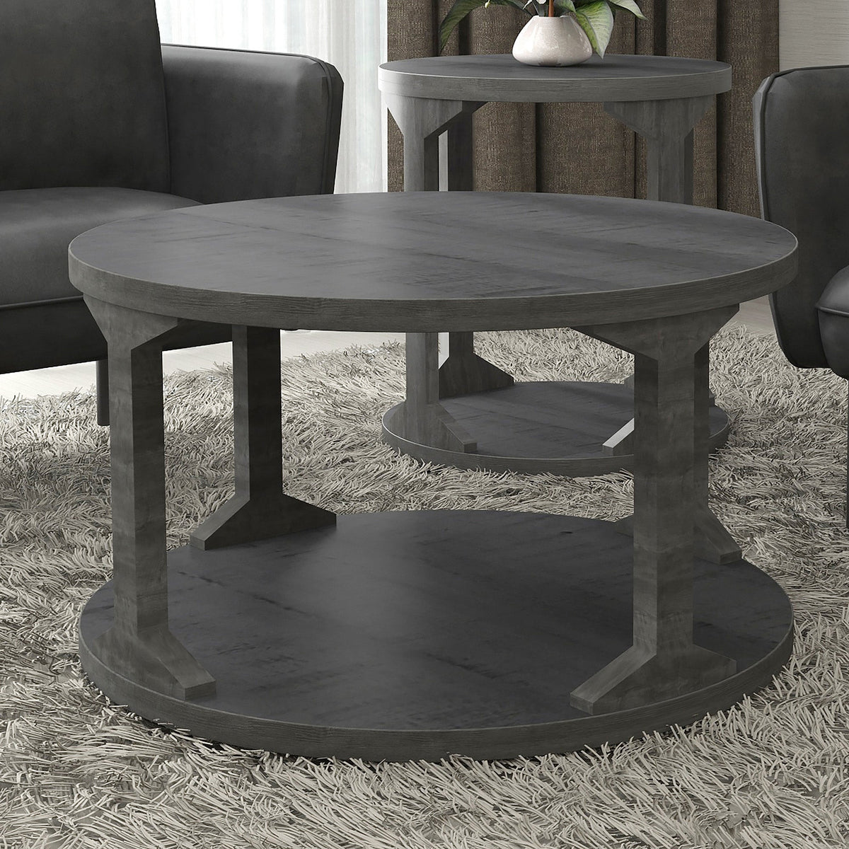 Worldwide Home Furnishings Avni-Coffee Table-Distressed Grey Round Coffee Table 301-619GY