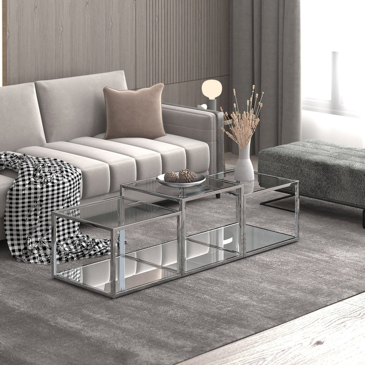 Worldwide Home Furnishings Casini-3pc Multi Tier Table-Silver 3pc Multi-Tier Coffee Table Set 303-632CH-3