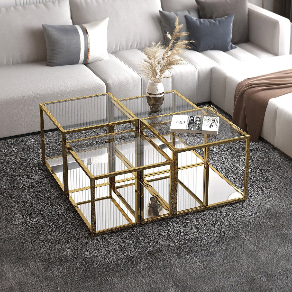 Worldwide Home Furnishings Casini-4pc Multi Tier Table-Gold 4pc Multi-Tier Coffee Table Set 303-632GL-4