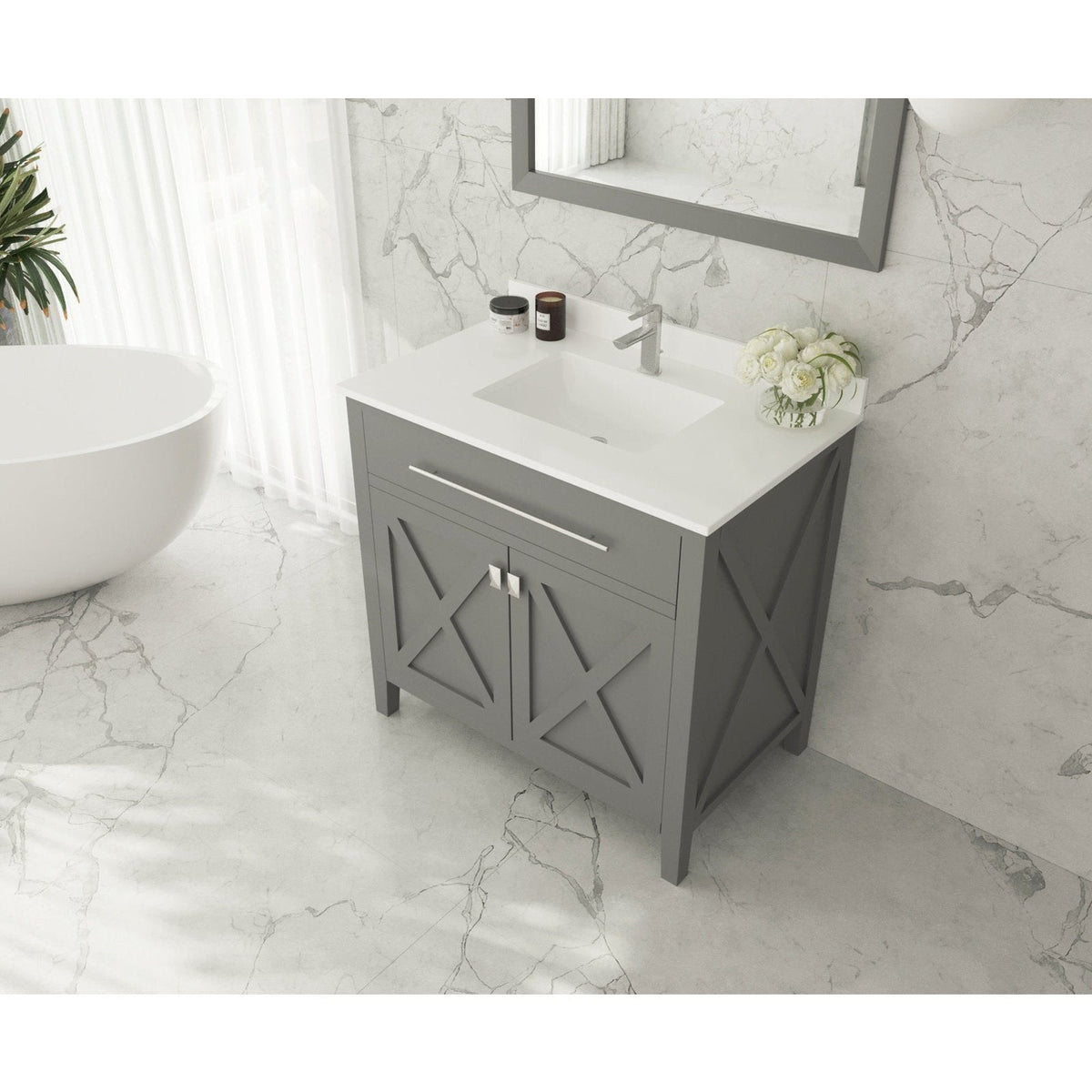 Laviva Forever 36" Single Hole White Quartz Countertop with Rectangular Ceramic Sink 313SQ1H-36-WQ
