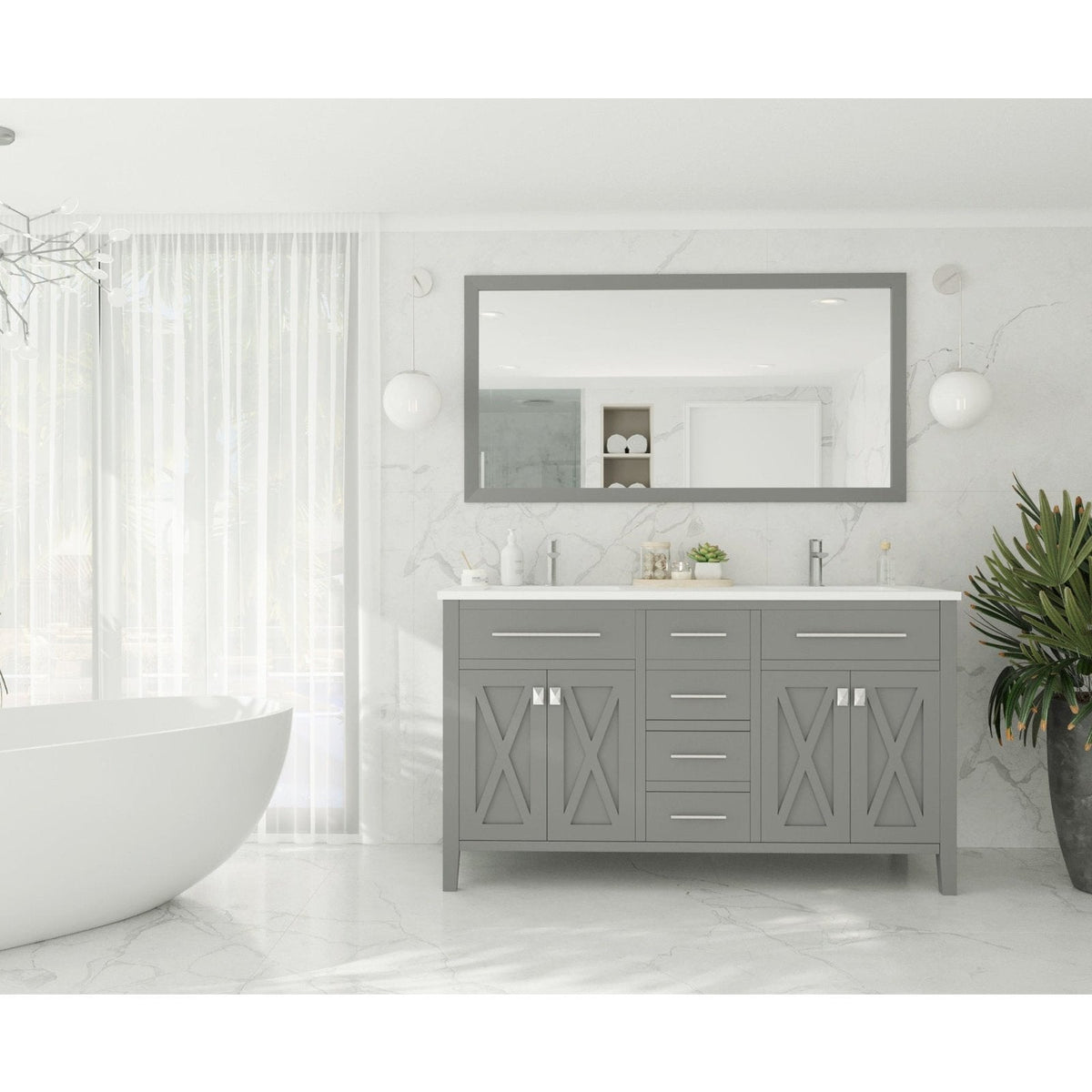 Laviva Wimbledon 60" Grey Double Sink Bathroom Vanity with Matte White VIVA Stone Solid Surface Countertop 313YG319-60G-MW