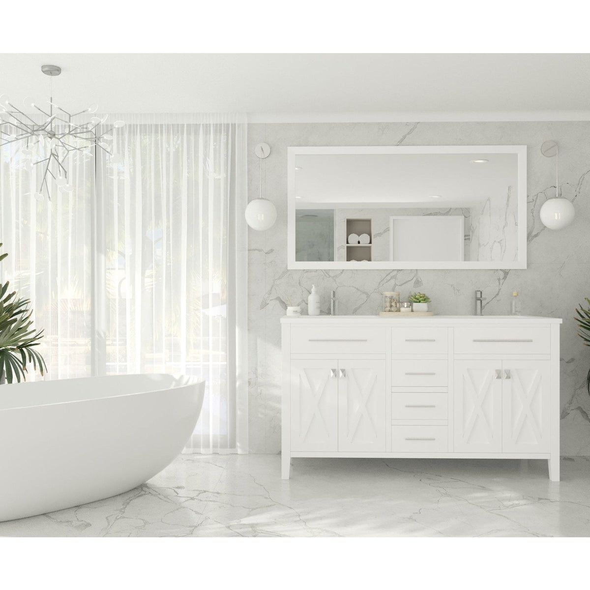 Laviva Wimbledon 60" White Double Sink Bathroom Vanity with Matte White VIVA Stone Solid Surface Countertop 313YG319-60W-MW