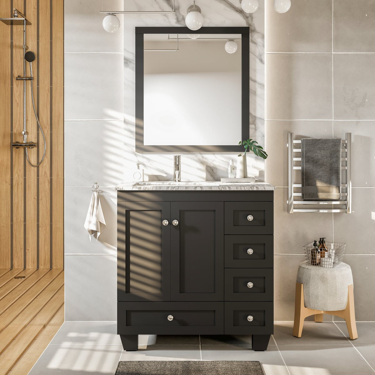 Eviva Happy 30"x 18" Transitional Bathroom Vanity with White Carrara Marble Countertop and Undermount Porcelain Sink