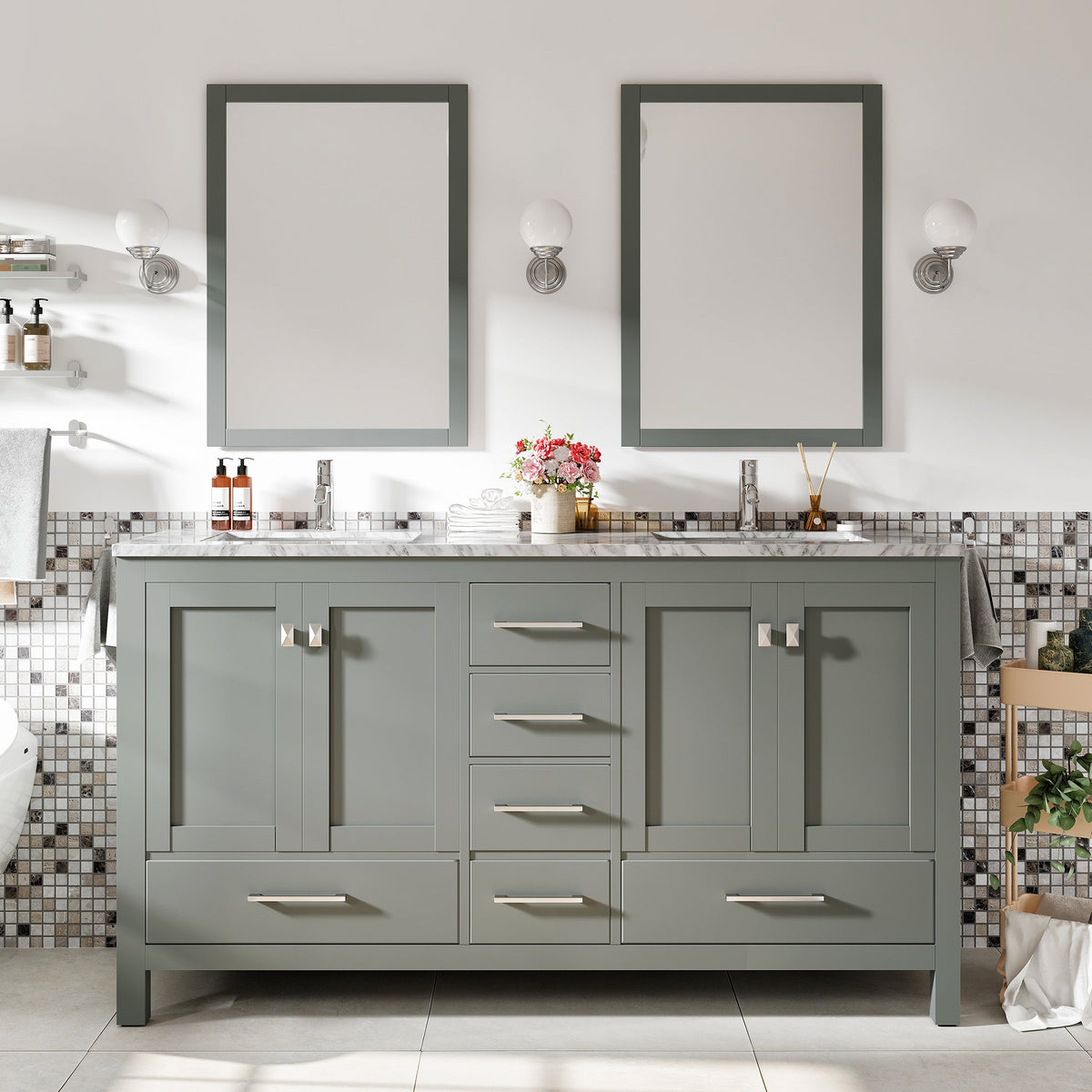 Eviva London 60" x 18"  Transitional Double Sink Bathroom Vanity with White Carrara Marble Countertop and Undermount Porcelain Sink
