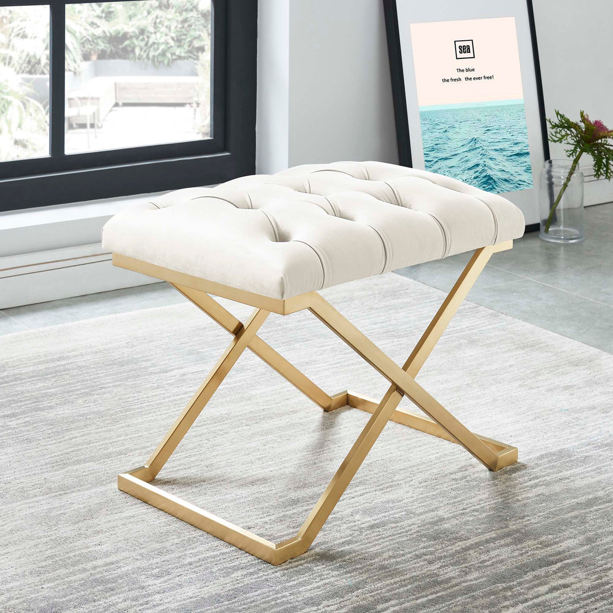 Worldwide Home Furnishings Rada-Single Bench-Ivory/Gold Bench 401-404IV
