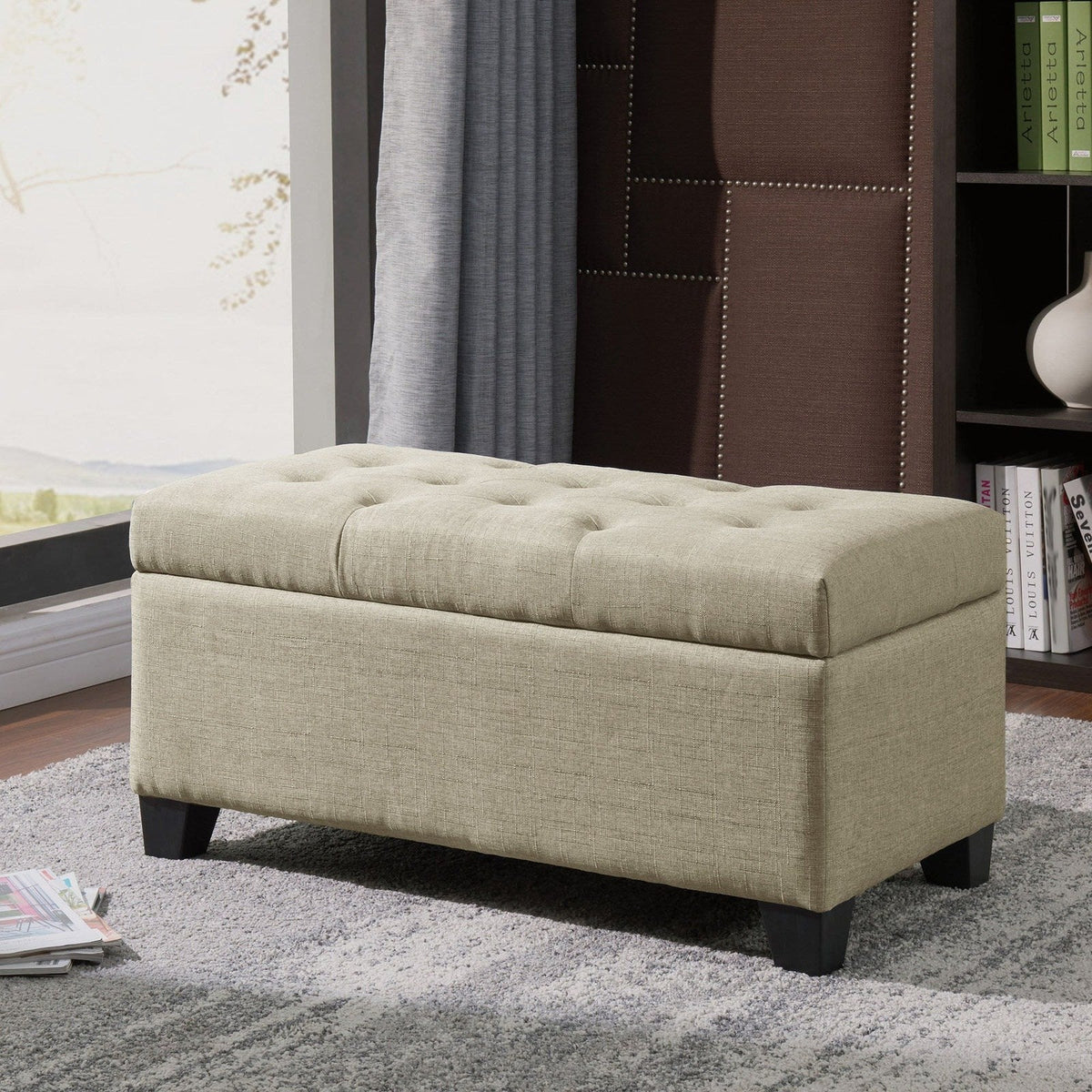 Worldwide Home Furnishings Harper-Storage Ottoman-Beige Rectangular Storage Ottoman 402-503BG